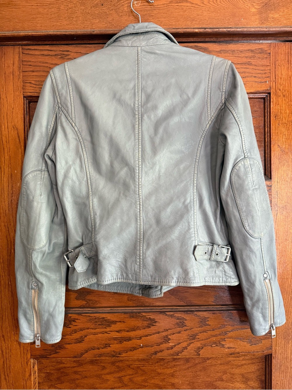MAURITIUS 100% Lamb Leather Zip Up Moto Jacket Fitted Chic Light Blue Grey US 6 - Picture 4 of 13